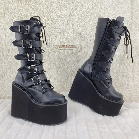 Swing 220 Multi Buckle Black Matte Leatherette Goth Mid-Calf Boot 5.5" Platforms - Picture 1 of 13